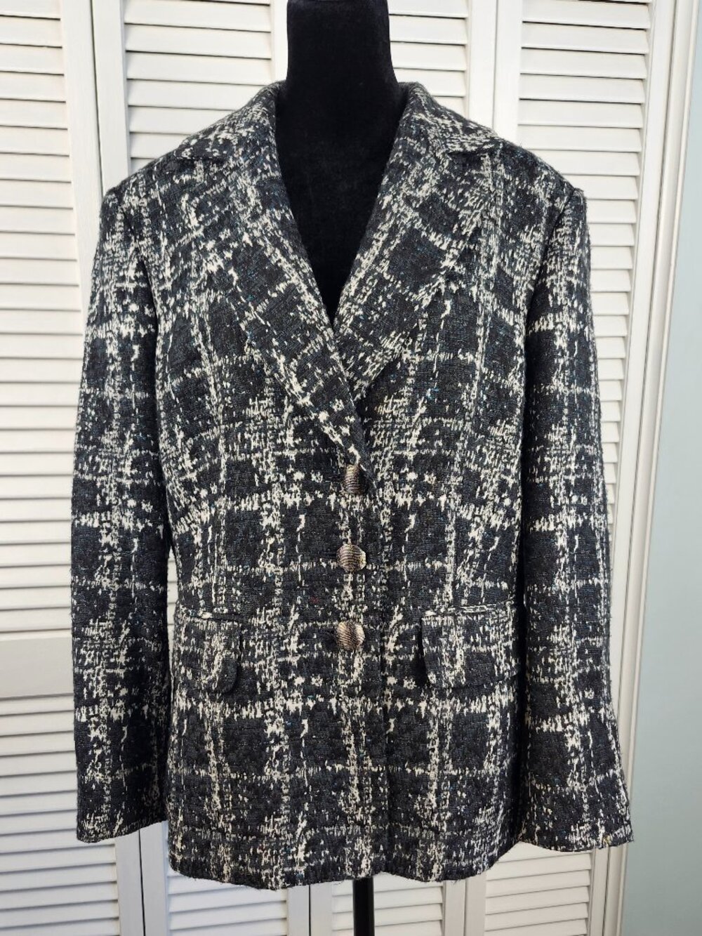 Kasper Tweed Blazer Black White Dark Green Size 14